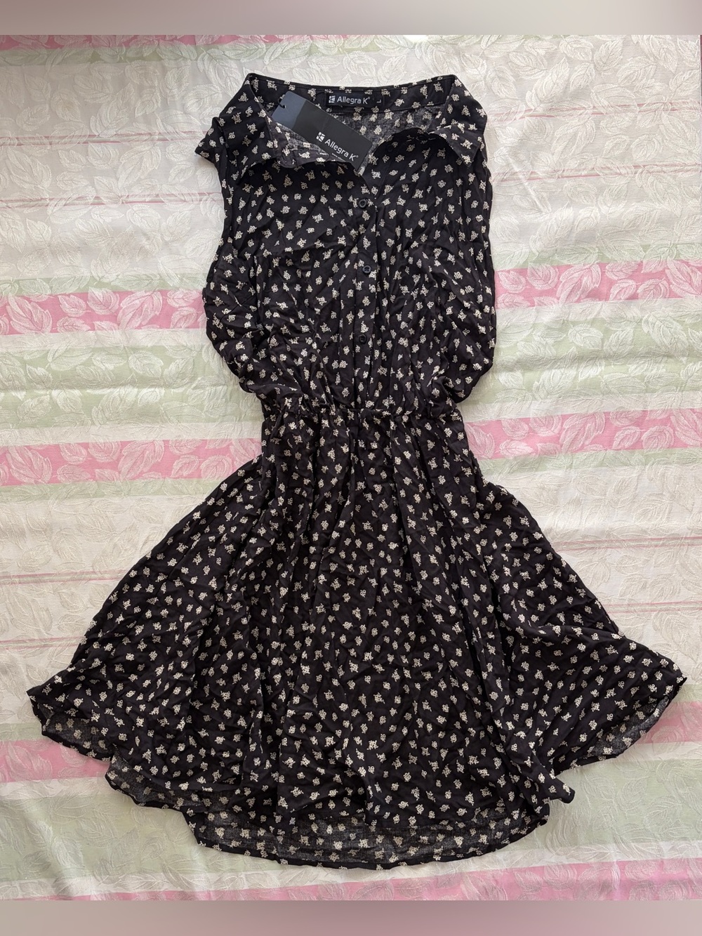 Allegra K Black Sleeveless Dress with white Floral Print